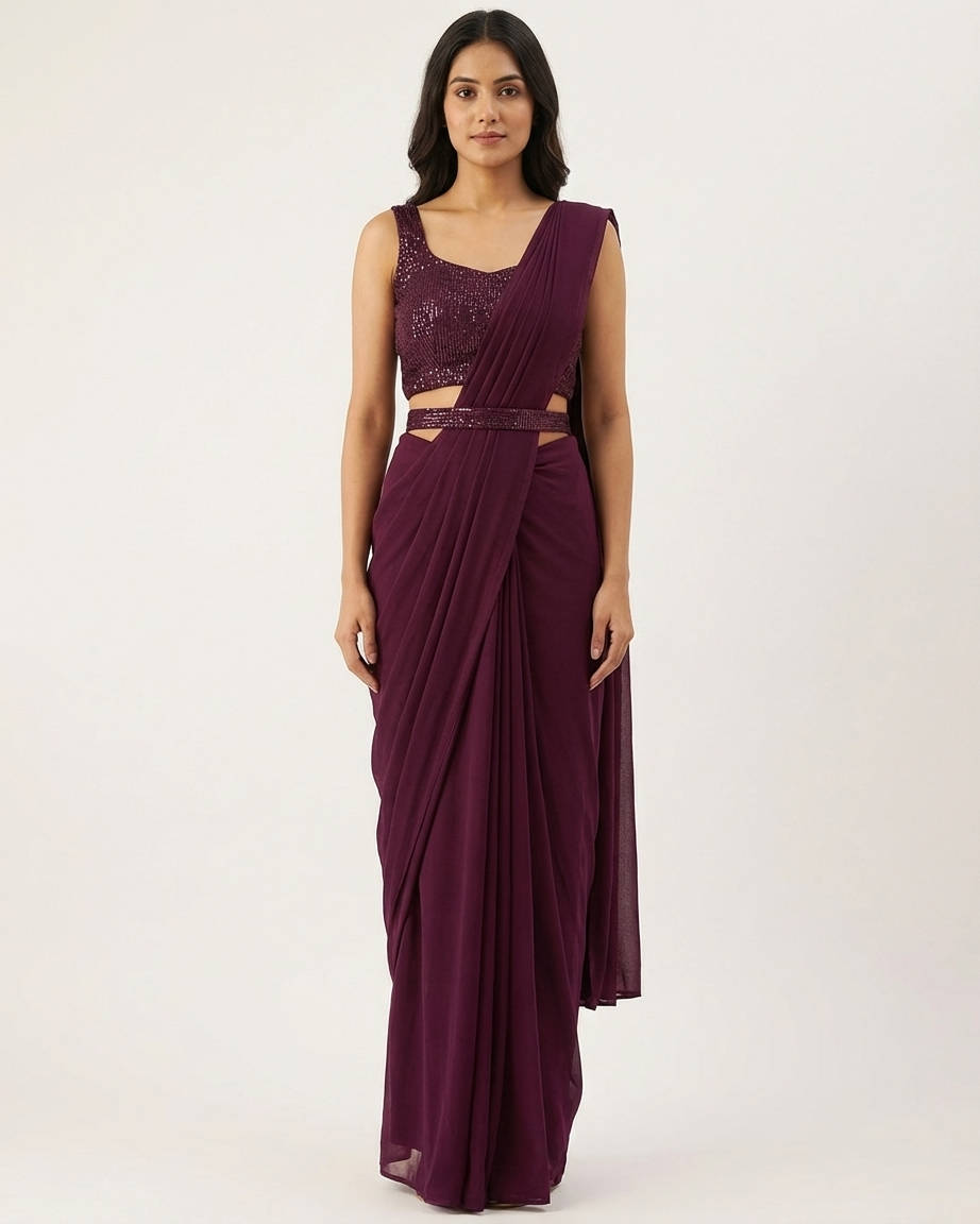 Georgette draped saree wine colour with handwork blouse lightweight festive saree India