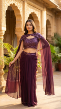 Wine indo western outfit with crop top and dhoti skirt stylish festive wear for women India