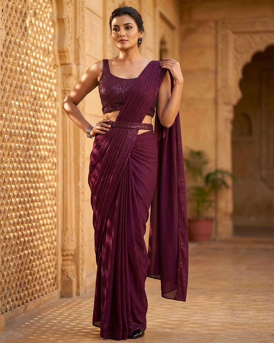Wine party wear saree in georgette fabric with elegant drape and designer blouse