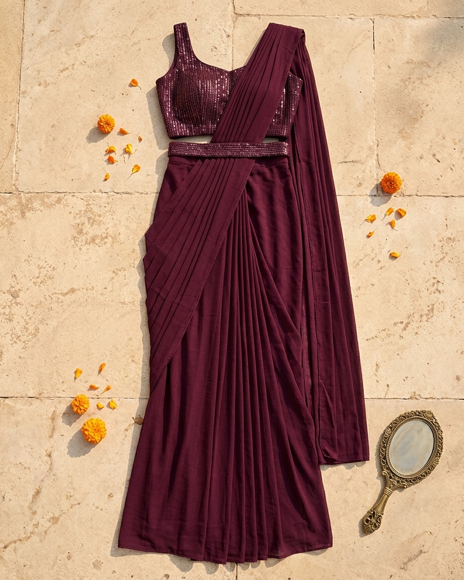 Wine ready to wear draped saree stylish pre draped saree for party and wedding wear