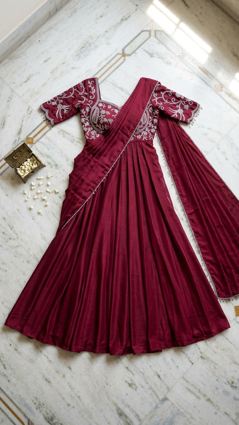 Wine saree with zari and thread embroidery blouse elegant Chandni Chowk fashion