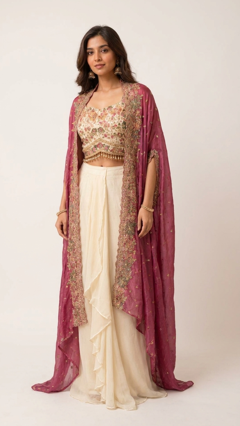 Ivory fusion outfit with wine embroidered shrug and zari work elegant ethnic fashion