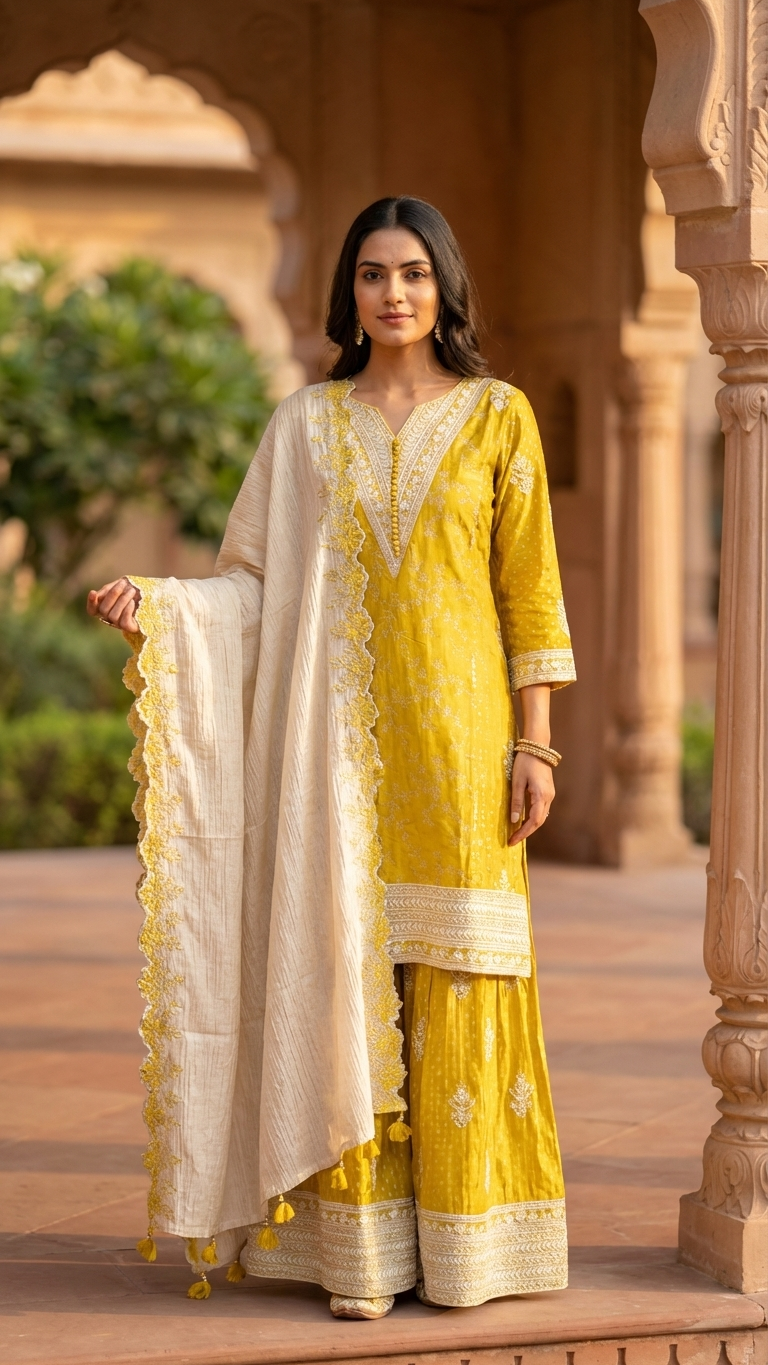 Yellow chinon suit with thread work from Chandni Chowk festive wear outfit for women India