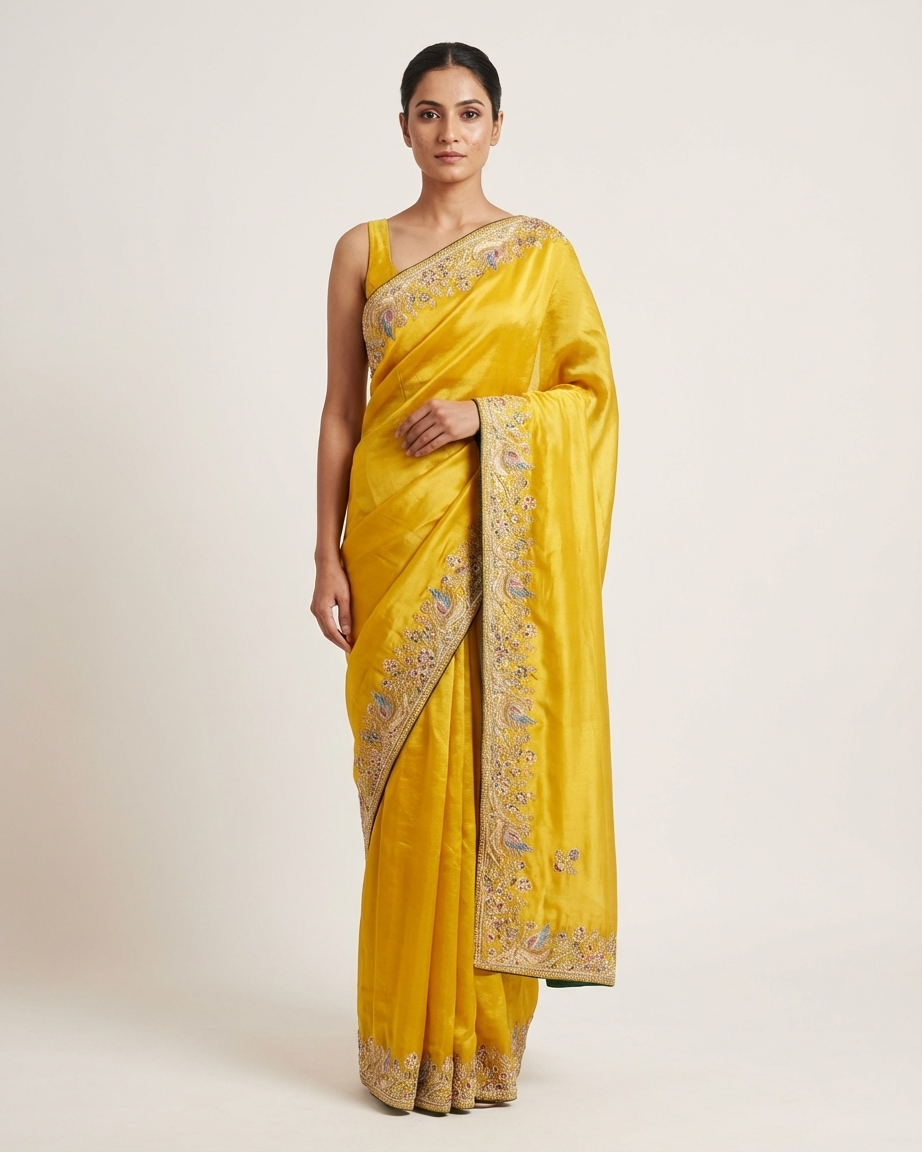 Yellow crushed tissue saree with thread work and zari detailing for haldi function from Chandni Chowk Delhi