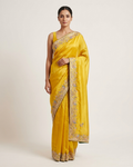 Yellow crushed tissue saree with thread work and zari detailing for haldi function from Chandni Chowk Delhi