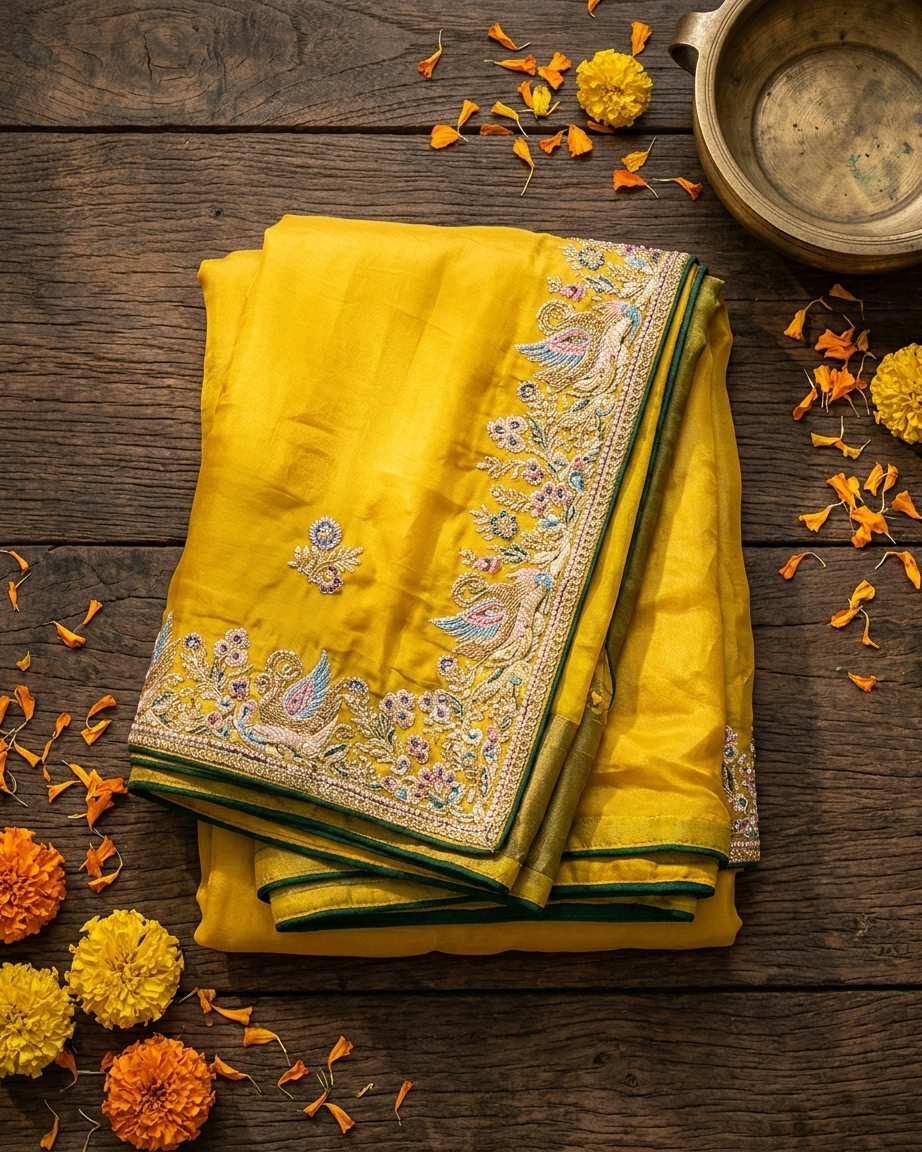 Designer yellow crushed tissue saree for women festive wear from Dilli 6 Chandni Chowk