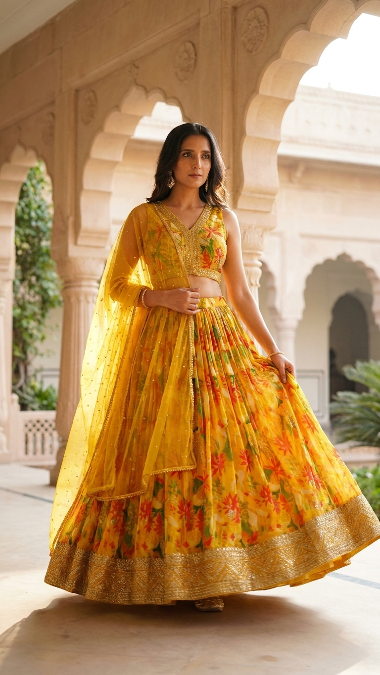 Bright yellow floral organza suit with gota patti border Chandni Chowk festive wear