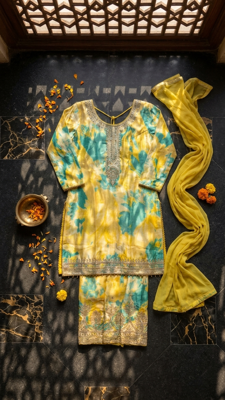 Yellow green casual festive suit lightweight summer ethnic wear for women