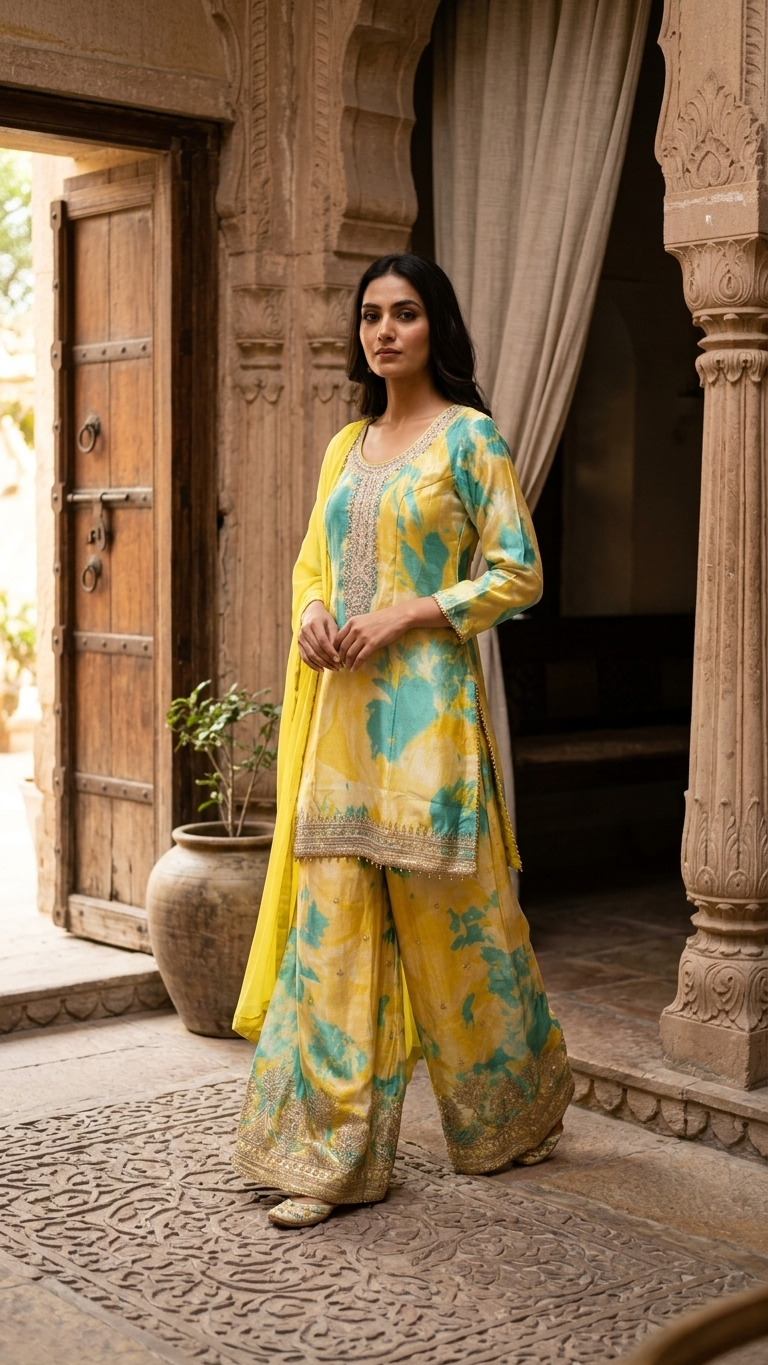 Yellow green ethnic suit with print in organza fabric stylish day function outfit