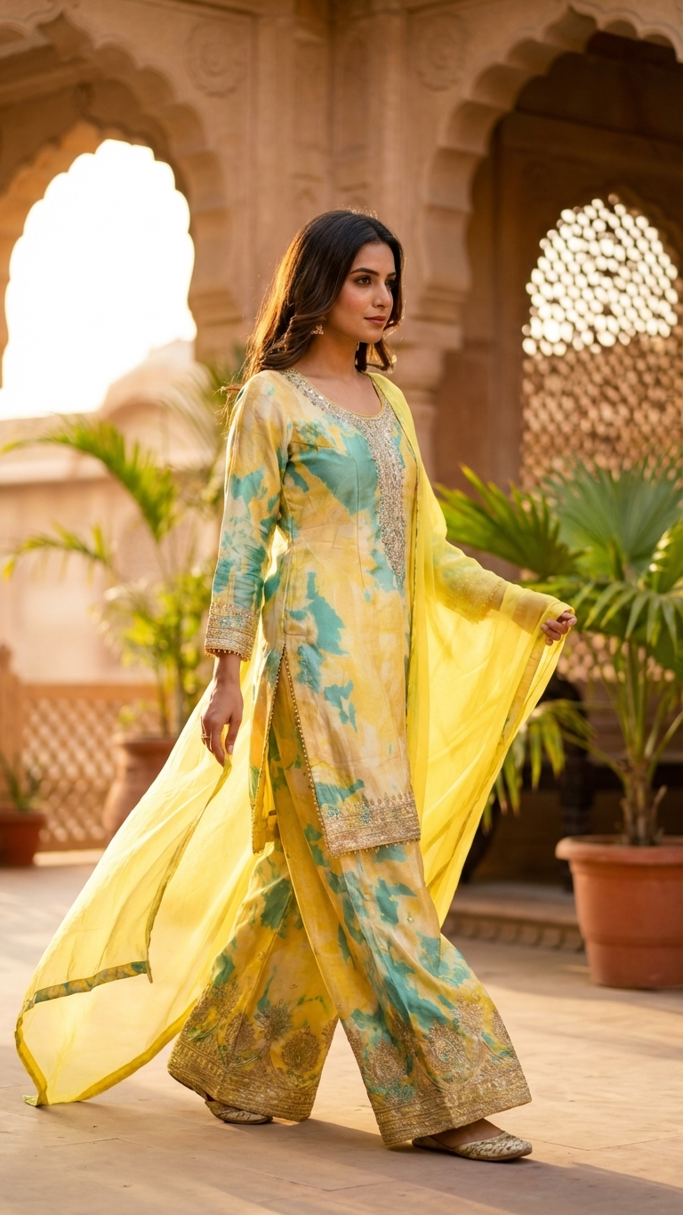 Yellow and green organza printed suit lightweight festive wear outfit for women India