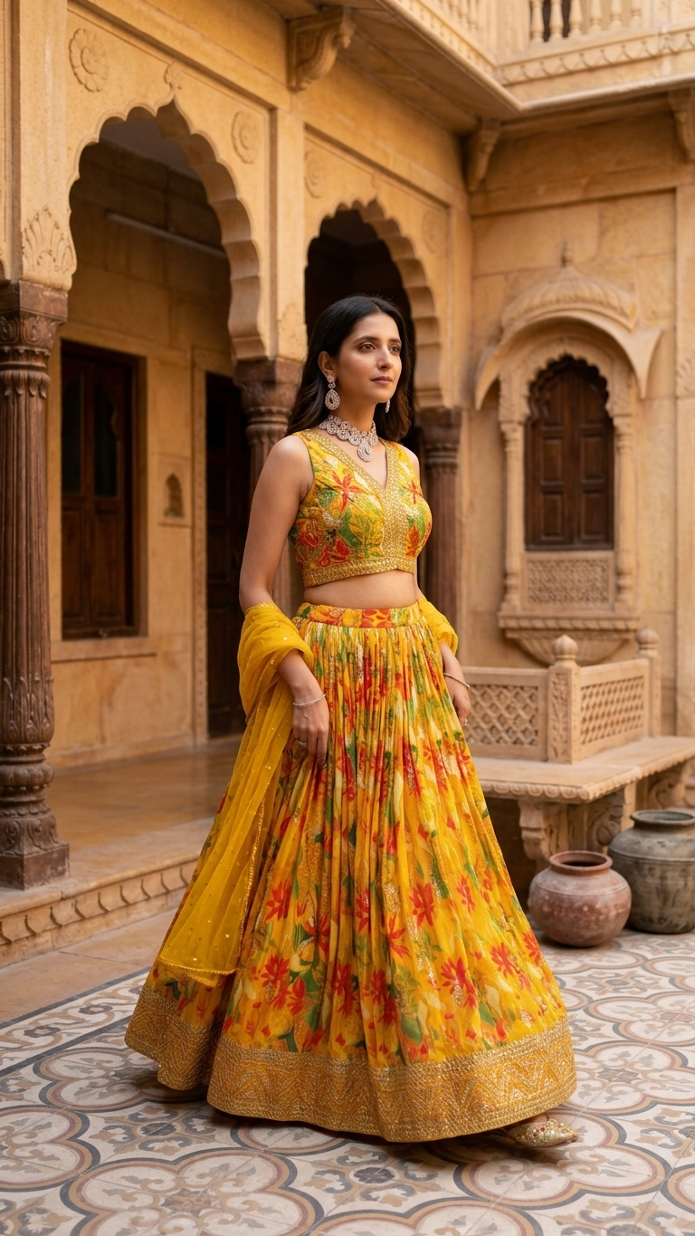 Yellow floral suit with gota patti and sequin border vibrant ethnic fashion