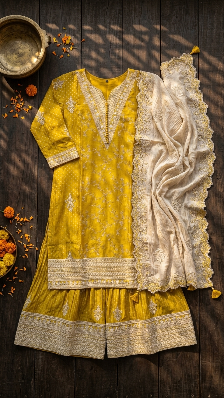Yellow festive suit for wedding functions traditional Chandni Chowk style outfit India