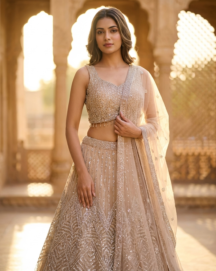 Zardosi lehenga with silver stone and bead work Chandni Chowk traditional fashion